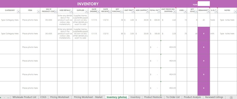 Inventory spreadsheet etsy seller tool shop management supplies materials cost of goods sold wholesale retail pricing worksheet excel PURPLE image 1