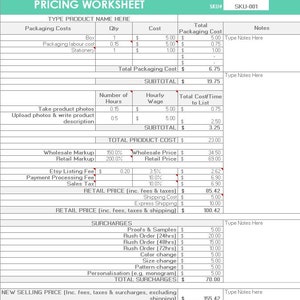 MINT Pricing Calculator shop management Tool Etsy Sellers handmade product, cost of goods sold, COGS, worksheet spreadsheet excel file image 2