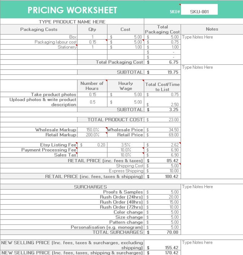 MINT Pricing Calculator shop management Tool Etsy Sellers handmade product, cost of goods sold, COGS, worksheet spreadsheet excel file image 2