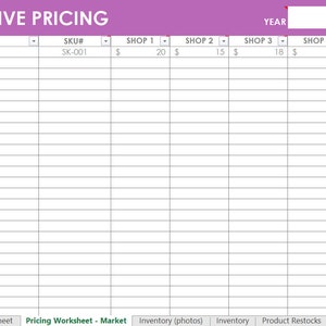 Inventory spreadsheet etsy seller tool shop management supplies materials cost of goods sold wholesale retail pricing worksheet excel PURPLE image 3