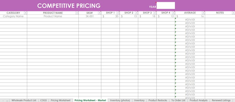 Inventory spreadsheet etsy seller tool shop management supplies materials cost of goods sold wholesale retail pricing worksheet excel PURPLE image 3