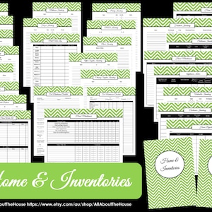 May include: A set of printable home inventory and warranty checklists with a green chevron pattern. The checklists are designed to help you organize your home and keep track of important information.
