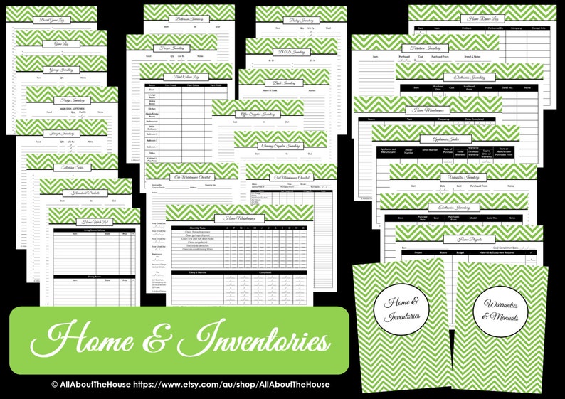 May include: A set of printable home inventory and warranty checklists with a green chevron pattern. The checklists are designed to help you organize your home and keep track of important information.