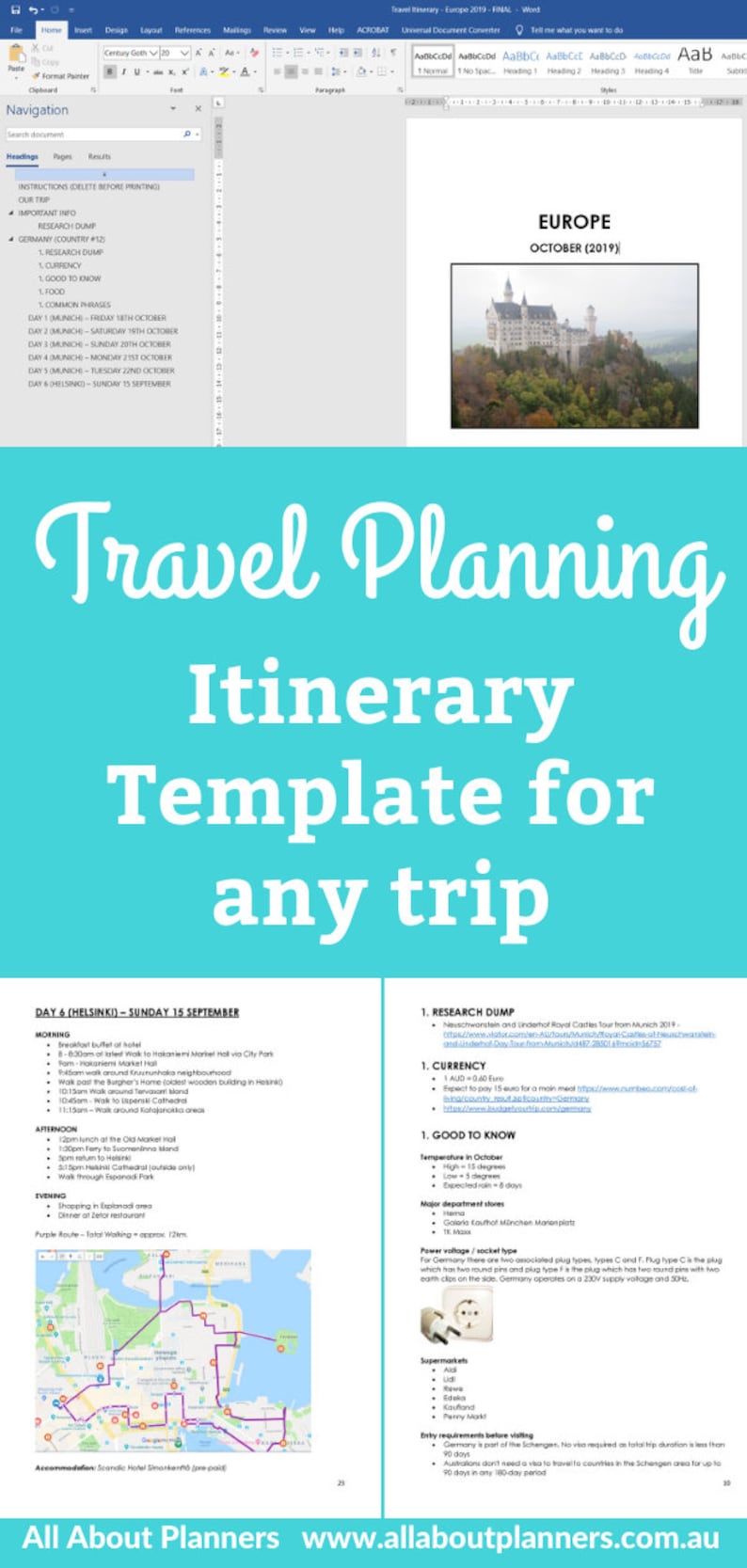 Travel Itinerary Planning organizer microsoft word template multi-destination countries trip city planner month week fully editable custom image 3