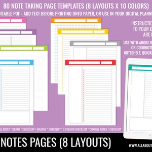 Note taking template printable planner or digital planning bullet journal graph lined checklist to do cornell US letter size can resize