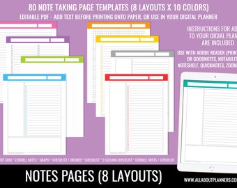 Note taking template printable planner or digital planning bullet journal graph lined checklist to do cornell US letter size can resize