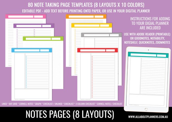 Note Taking Template Printable Planner or Digital Planning Bullet