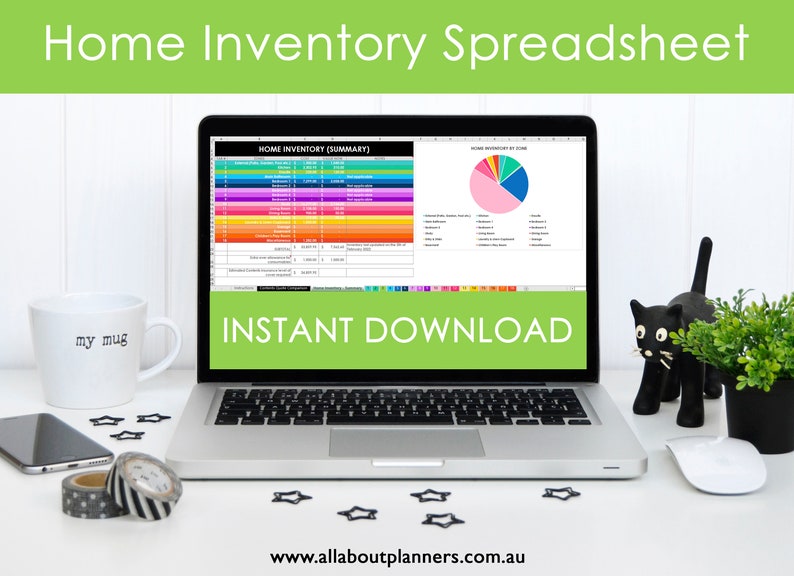 May include: A laptop computer displaying a spreadsheet titled "Home Inventory (Summary)" with a pie chart titled "Home Inventory by Zone". The laptop is on a white desk with a black cat figurine, a white mug, a smartphone, and a potted plant.