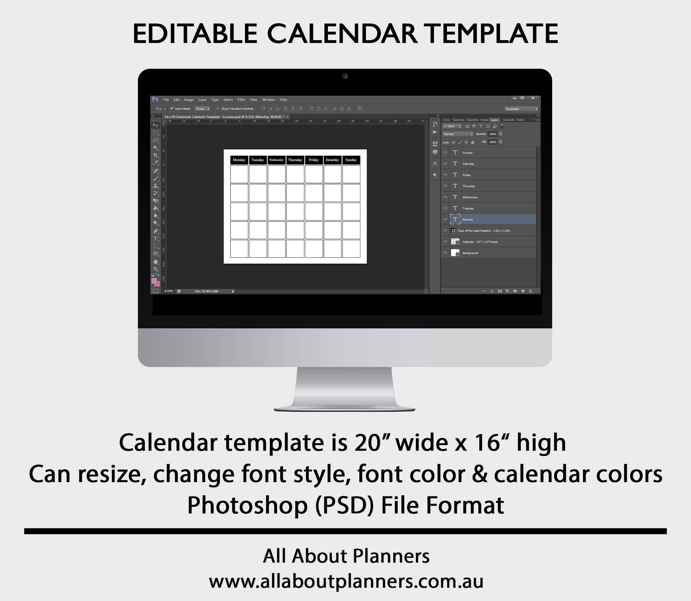 Calendar Template Printable Poster Size 20 Etsy Australia