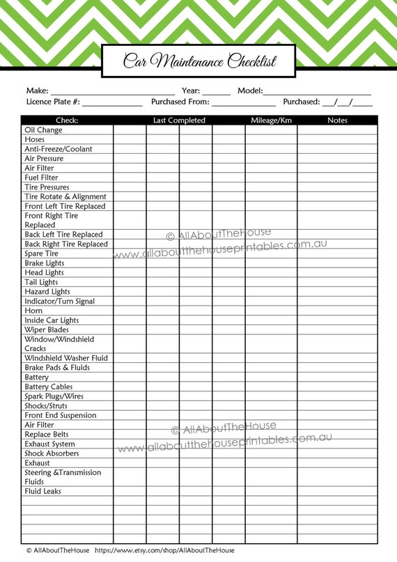 Vehicle Maintenance Log Pocket Size Printable Car 