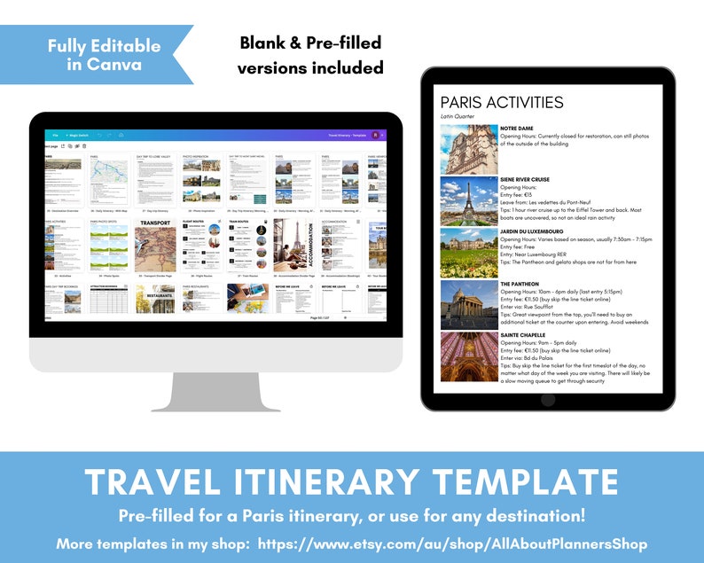 Travel Itinerary Template travel planner vacation trip hotel bookings day tours daily packing list fully editable & customisable in Canva image 3