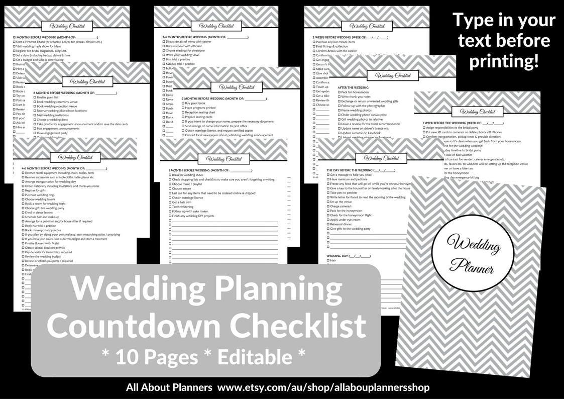 Wedding Checklist Countdown Printable Planner Editable - Etsy Australia