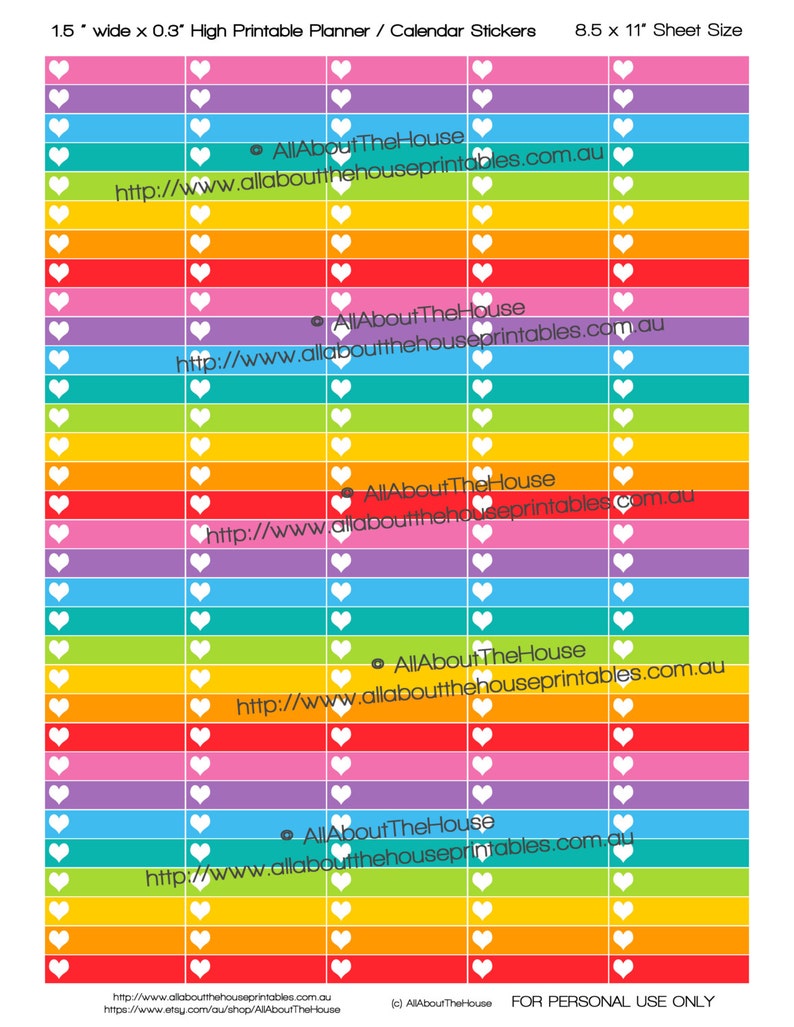 Heart Planner Stickers Printable made for Erin Condren ECLP 1.5w x 0.3H build a list horizontal vertical to do plum paper Rainbow WS002 image 1