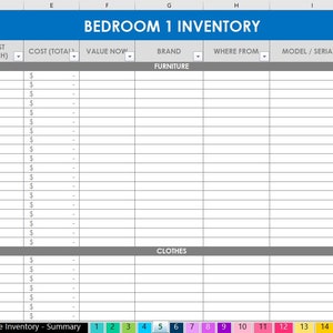 May include: A spreadsheet for tracking bedroom inventory. The spreadsheet has columns for item, date purchased, cost, cost total, value now, brand, where from, model/serial, warranty, receipt filed, and notes. The spreadsheet is divided into two sections: furniture and clothes.
