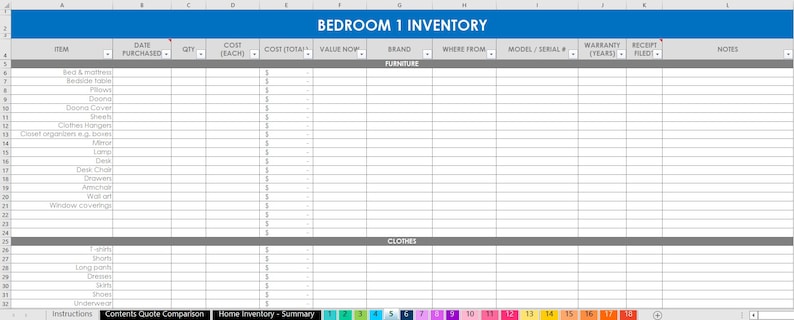 May include: A spreadsheet for tracking bedroom inventory. The spreadsheet has columns for item, date purchased, cost, cost total, value now, brand, where from, model/serial, warranty, receipt filed, and notes. The spreadsheet is divided into two sections: furniture and clothes.