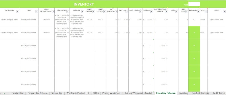 Inventory spreadsheet etsy seller tool shop management supplies materials cost of goods sold wholesale retail pricing worksheet excel GREEN image 1