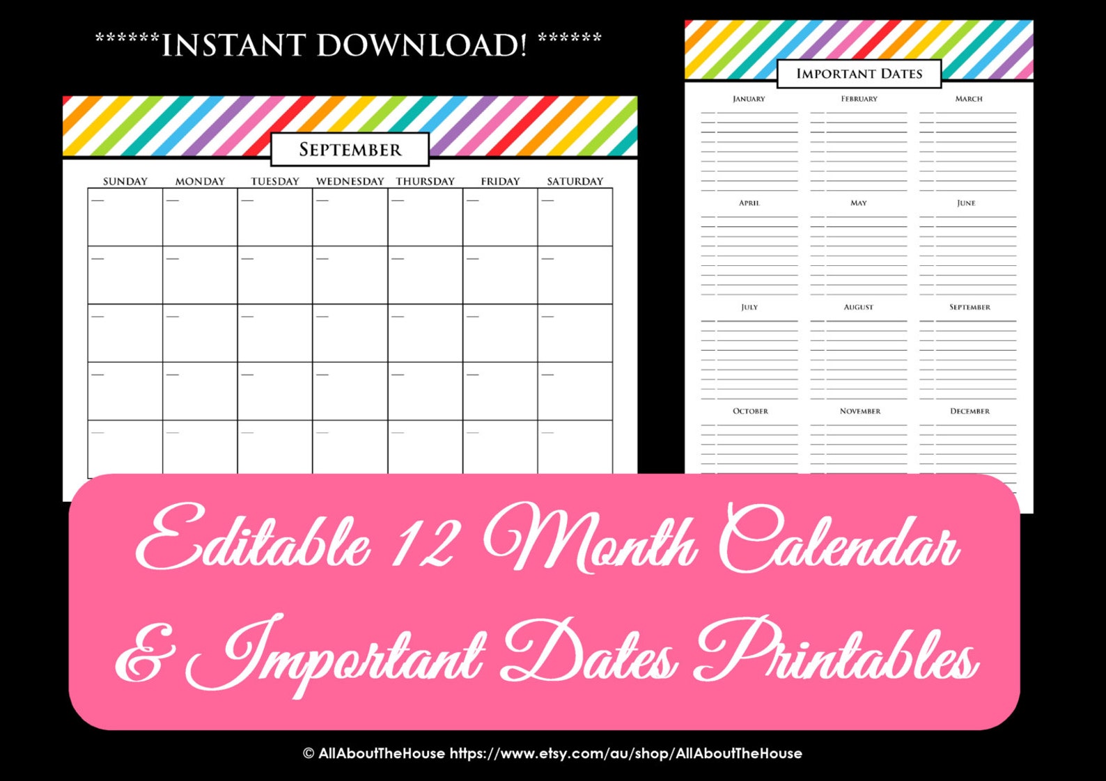 EDITABLE Printable Calendar Perpetual Calendar Rainbow Calendar 2016 ...