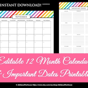 EDITABLE Printable Calendar Perpetual Calendar Rainbow Calendar 2016 2017 Calendar Any Year Calendar Meal Planner Family Calendar Diary