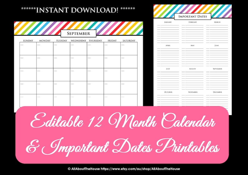 editable printable calendar perpetual calendar rainbow etsy