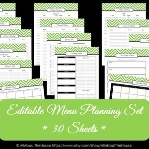 GREEN EDITABLE Menu Planner Printables Meal Planning Organisation Household Binder Chevron Planner Printables pdf INSTANT Dl image 1