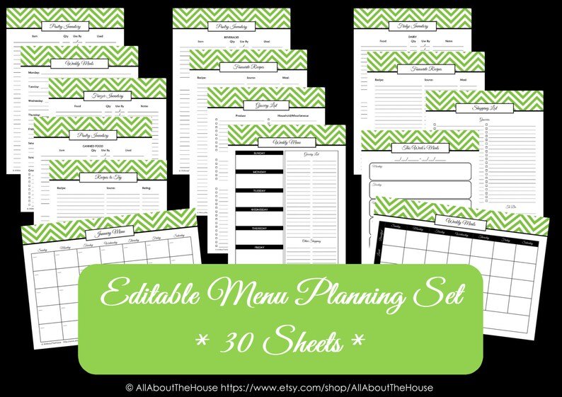 GREEN EDITABLE Menu Planner Printables Meal Planning Organisation Household Binder Chevron Planner Printables pdf INSTANT Dl image 1