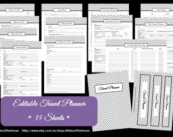 BLACK EDITABLE Travel Planner Kit - Chevron Printable - Pdf - Printable Planner - Packing list - Before we Leave -Binder Cover and Spine