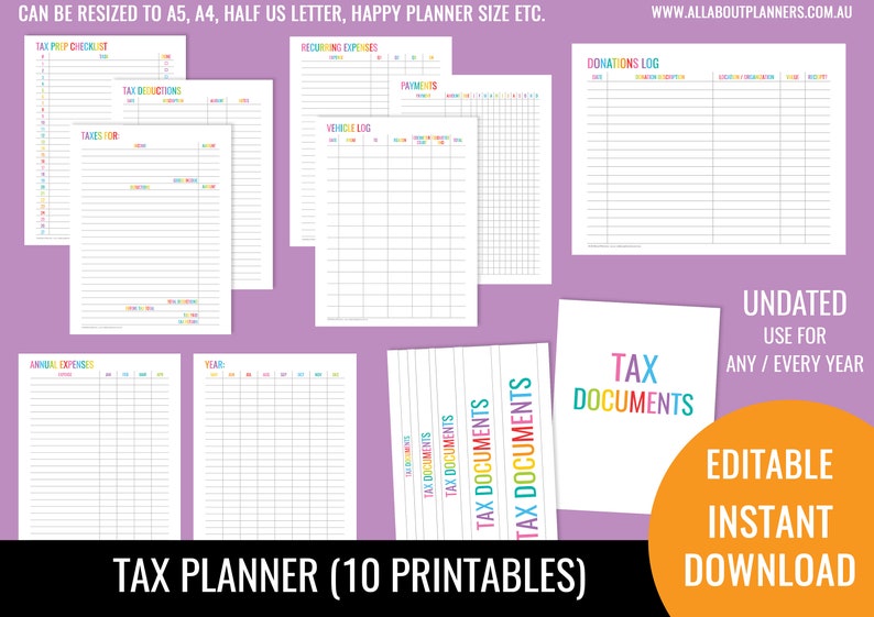 Tax Planner printable editable bill due expenses monthly annual taxes binder divider financial goals debt tracker money manage diy insert image 1