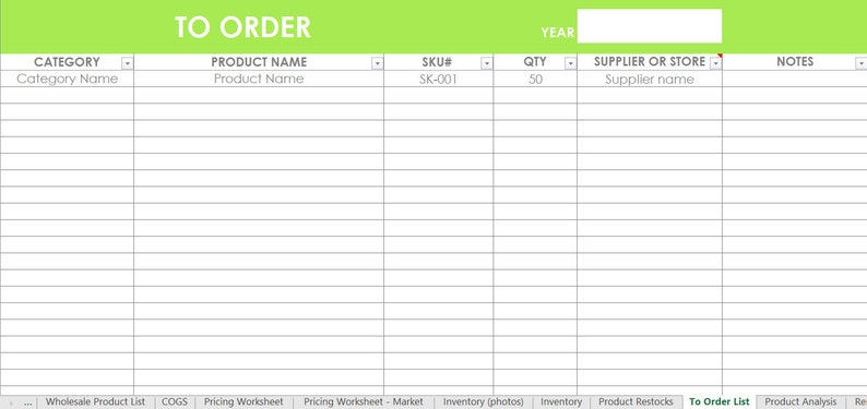 Inventory spreadsheet etsy seller tool shop management supplies materials cost of goods sold wholesale retail pricing worksheet excel GREEN image 6