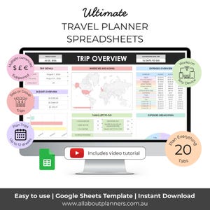 May include: A digital travel planner spreadsheet template displayed on a computer monitor. The interface features a trip overview, budget tracking, expense breakdown, a world map, and task lists. Includes a video tutorial and 20 tabs.