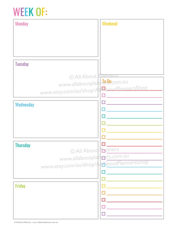 Weekly planner printable editable 1 page rainbow checklist cleaning ...