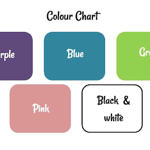 May include: Color chart with five color swatches: purple, blue, green, pink, and black & white.