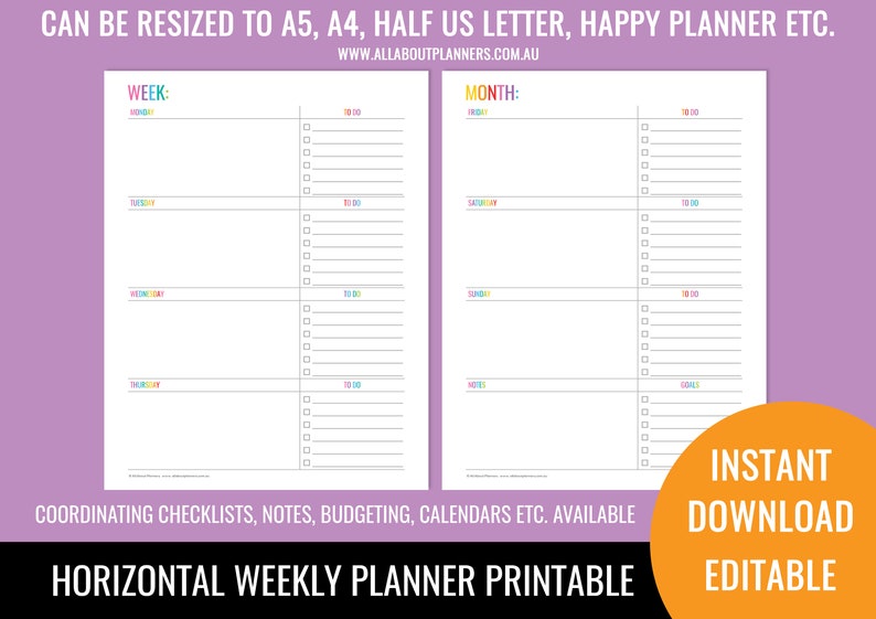 Weekly planner printable 2 page spread insert editable refill to do checklist rainbow ink friendly US letter size resize a5 half junior image 3