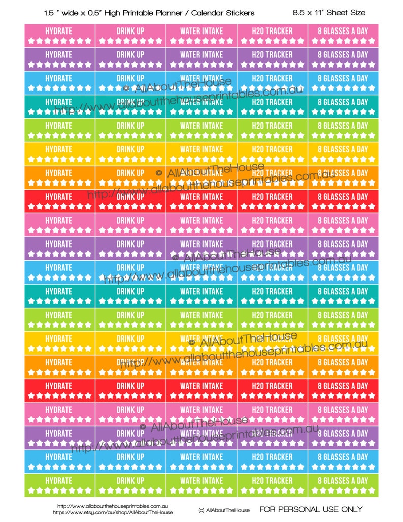 Hydrate Printable Calendar Planner Stickers Water Intake Tracker Stars 1.5W x 0.5H Rainbow 2015 Planner made for Erin Condren ECLP Ol087 image 3