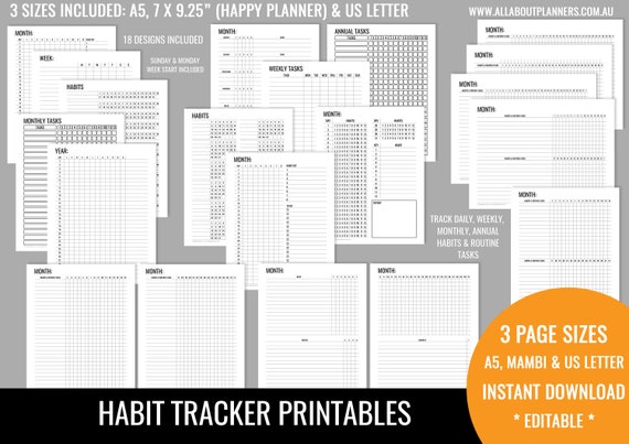 Habit Tracker printable planner insert editable refill to do shopping ...