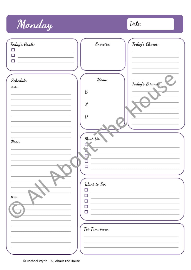 MULTICOLOURED Printable Daily Planners Time Management 7 sheets Product Number 93 INSTANT DOWNLOAD image 3