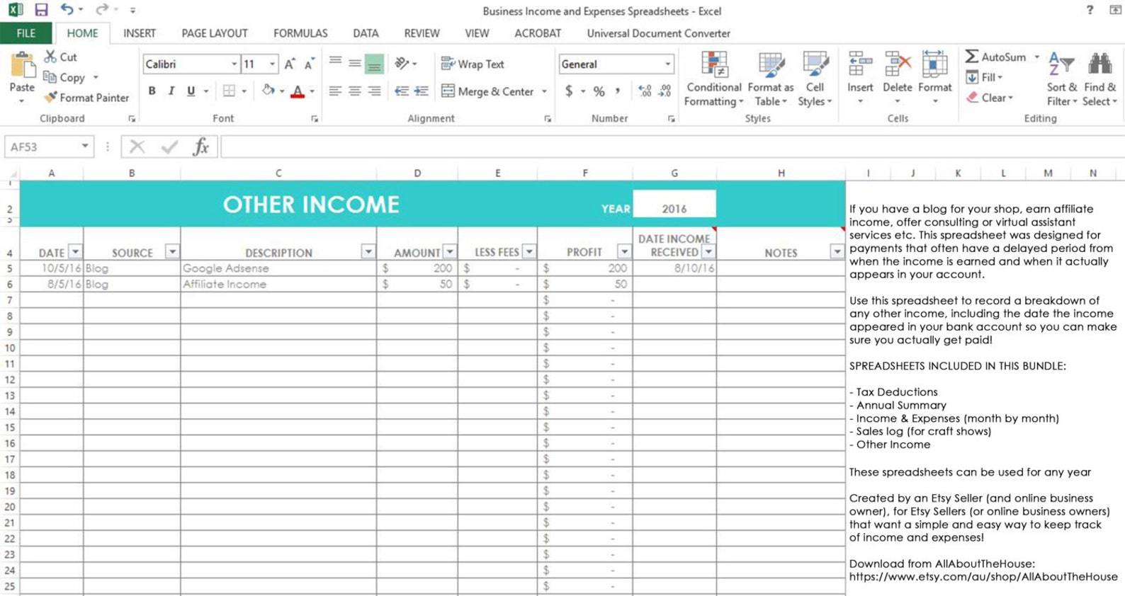 Etsy Seller Spreadsheets shop management Tool financial tax Etsy