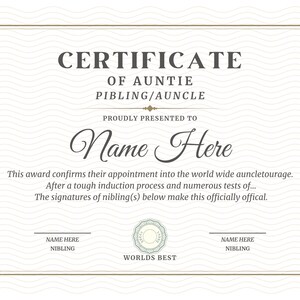 May include: A certificate with a decorative border and a wavy background. The text reads "CERTIFICATE OF AUNTIE PIBLING/AUNCLE PROUDLY PRESENTED TO Name Here This award confirms their appointment into the world wide auncletourage. After a tough induction process and numerous tests of... The signatures of nibling(s) below make this officially offical. NAME HERE NIBLING NAME HERE NIBLING WORLDS BEST"