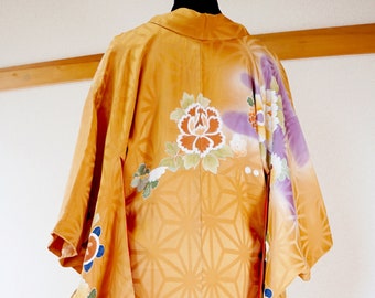 Japanese Antique Silk Kimono, Tsukesage Houmongi Kimono, red brown persimmon color, asanoha, floral kimono, chrysanthemum, floral bamboo 152