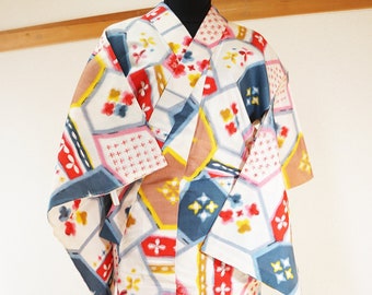 Antique Meisen Kimono - silk kimono white, candy colors, floral and geometric shapes stars quilt pattern, Japanese vintage kimono, silk robe