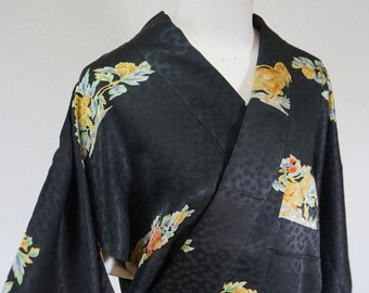 Black silk kimono with roosters, awase lined kimono, women's kimono, kyoto authentic kimono, dressing gown, silk kimono robe birds 167 cm