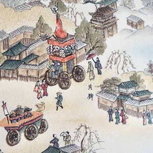 Japanese Kimono - Gion matsuri Kyoto festival Edo traditional Japan komon, hand printed chirimen crepe silk or polyester cream vintage 156cm