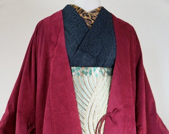 Suede wine red kimono jacket, wrap jacket, douchuugi, kimono coat with pocket, red haori, kimono accessories, authentic kimono, japanese