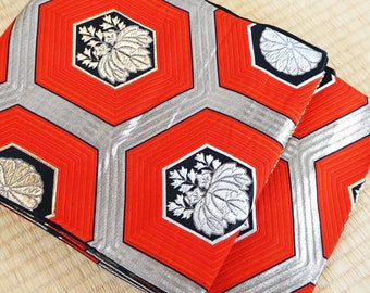 Kimono Silk Obi - fukuro obi, vibrant red and gold, bekko turtle shell, embroidered obi belt, japanese belt, kimono belt, silver, leaf obi