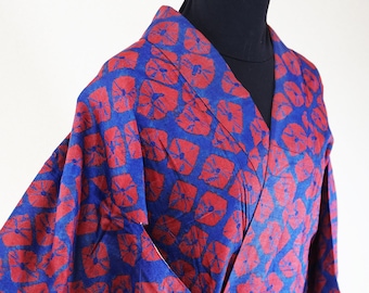 Deep Blue and Red Antique Silk Komon Shibori Circles Awase, lined silk robe, authentic japanese silk robe, traditional japanese gown circles