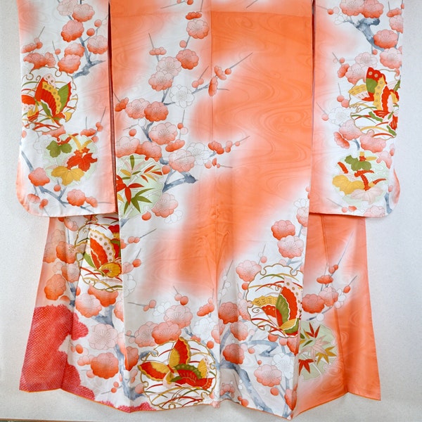 Japanese Silk Furisode - GREAT, unique vintage kimono butterflies plum blossoms, off-white pastel peach authentic kimono silk, rare 157 cm