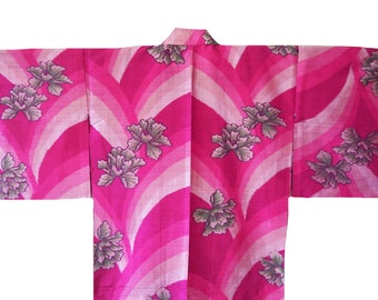 Pink Floral, Retro Pattern, Japanese Kimono, Antique Meisen Silk Kimono, Japanese robe, made in japan, striped kimono, silver kimono