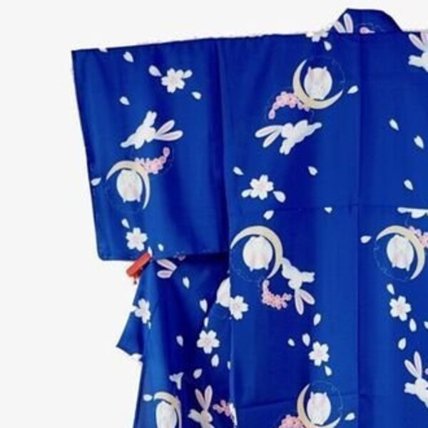 Japanese kimono rabbit sakura moon polyester blue white, washable Japanese kimono, kawaii bunny vintage kimono, authentic modern hitoe 166cm