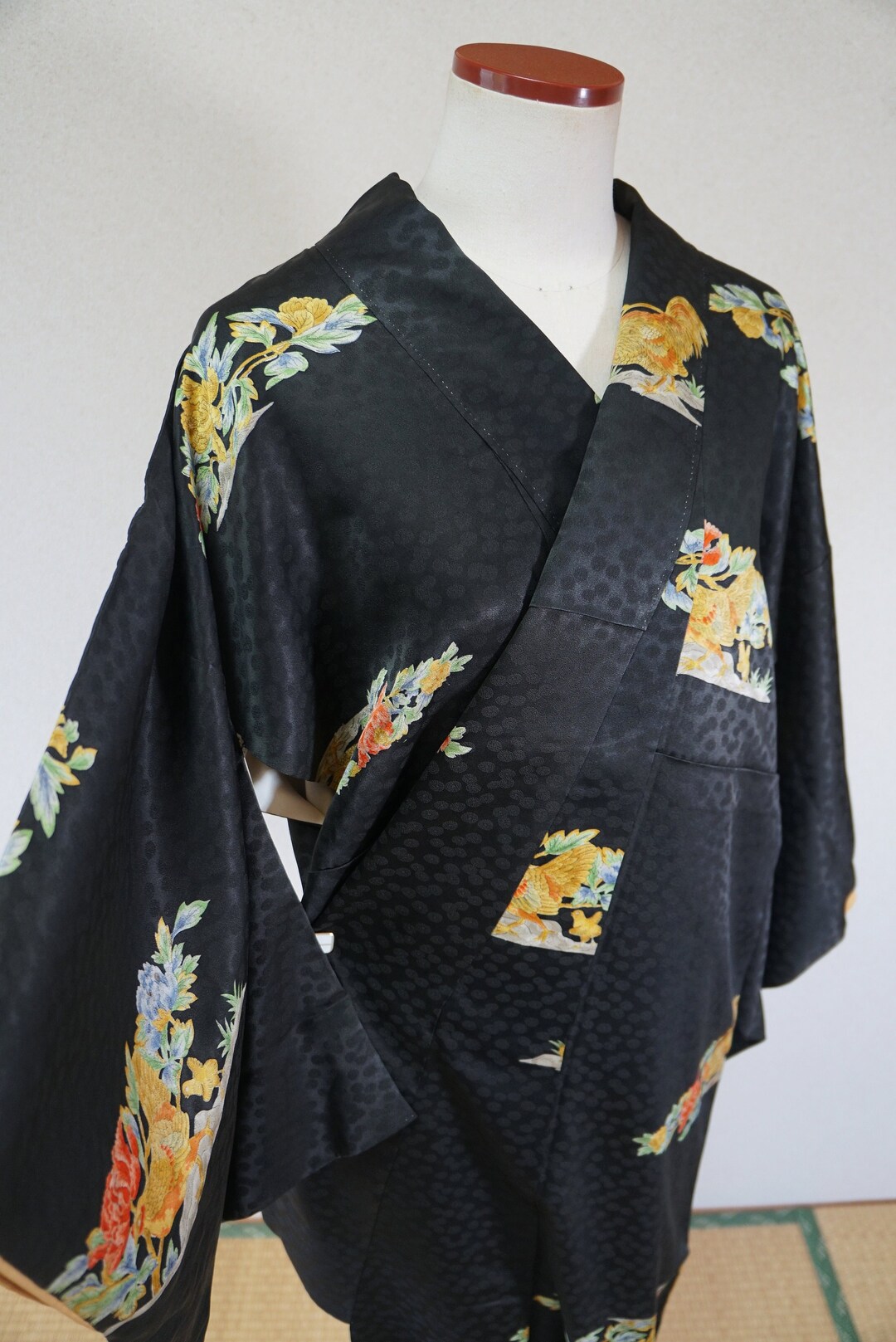 Rooster Robe Black Silk Kimono With Roosters, Awase Lined Kimono, Women's Kimono ...
