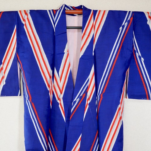 Striped Japanese shops kimono awase deep blue meisen white red, vintage komon, silk kimono authentic lined union jack zigzag geometric robe 152 cm