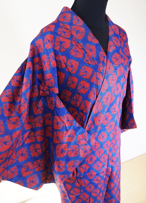 Deep Blue and Red Antique Silk Komon Shibori Circl